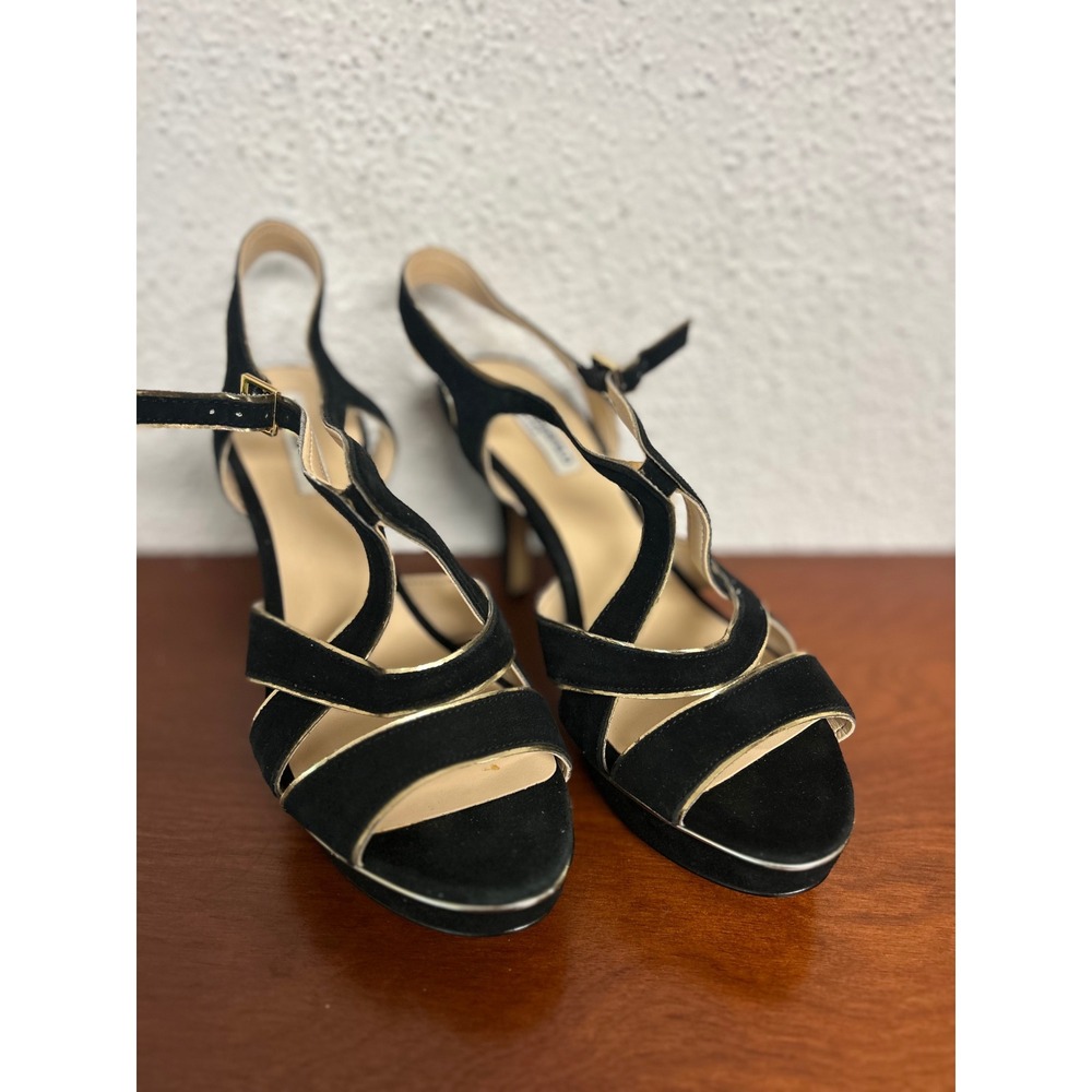Karl Lagerfeld Paris Eloise Black Suede Gold Trim Platform Sandals Heels 7.5M